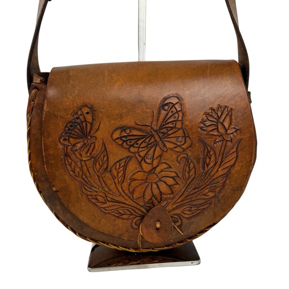 Vintage Floral Butterfly Tooled Thick Leather Braided Shoulder Bag Brown Hippie - Picture 3 of 16
